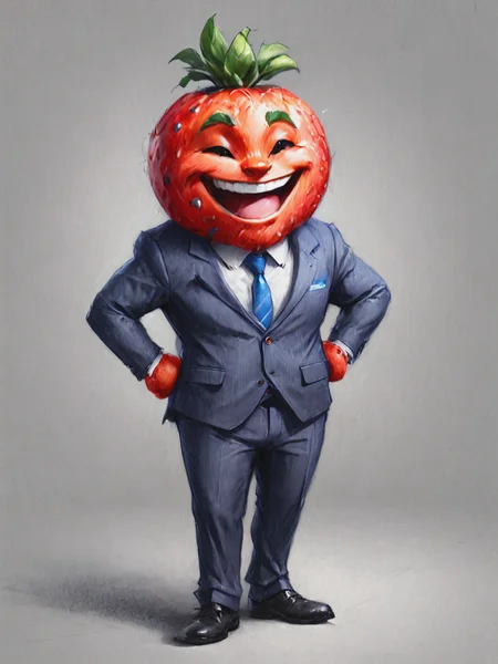 illustration of cartoon character anthropomorphic fruite smiling, (wearing a suite:1.4), dynamic pose, detailed,   <lora:Renaissance_Drawing:1>
