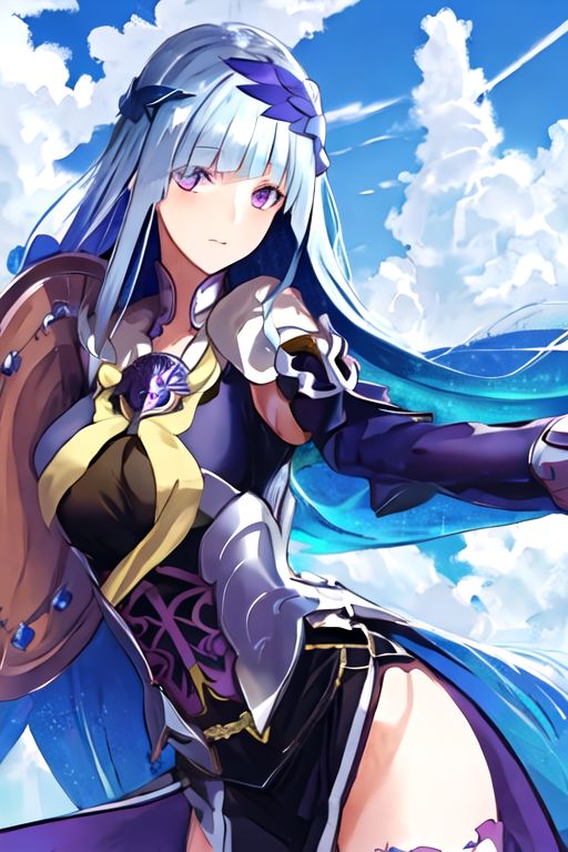 solo_focus, 1girl, (((masterpiece))), ((best quality)), ((ultra-detailed)), high resolution, absurdres, highres, ultra-detailed 8k unity wallpaper, 
brynhild_fgo, long_hair, purple_eyes, very_long_hair, breasts, bangs, blush, blue_hair