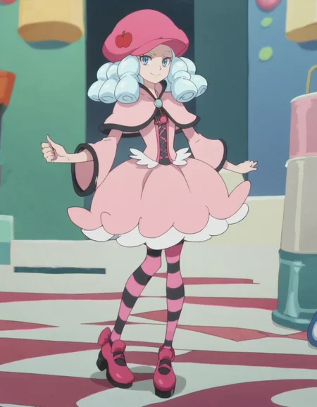 score_9, score_8_up, score_7_up, anime screencap, solo,1girl, pink headwear, light blue hair, full body, medium hair, smile, shoes, striped pantyhose, standing, ringlets, pink footwear, looking at viewer, pink dress, blue eyes <lora:hosshiwa:0.8>
