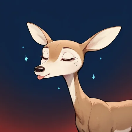 score_9_up, score_8_up, rating_safe, solo, furry female, cervid, deer, feral, giselle \(open season\), tongue out, silly, closed eyes, <lora:GisellePDXL-000009:0.7>, front, gradient background, blue background, red background, digital media \(artwork\), dijor, messy outlines, <lora:dijor:0.8>, tmchng artstyle, dot eyes, <lora:TemmieChang_ver2:1>