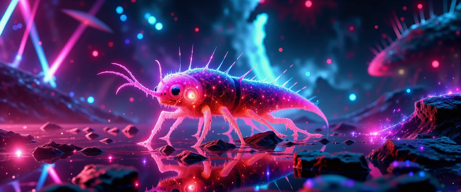 award-winning macro photo, (short depth of field:1.2), hyper realistic, neon hues, subsurface scattering, the microscopic "flamboyant kleptozockler" is a (softly glowing:1.2) dimension traveling creature, its lampremblative (bioluminscent appendages:1.3) help it navigate the wondrous habitat on planet "aromaduplex viii", with its translucent zibberzangs it absorbs nutrients from its zymgroggled prey, (dappled sunlight:1.1), extremely detailed and intricate background, style of alena aenami, darkcore, <lora:style-alena_aenami-flux-by_tangbohu:0.8> <lora:style-promptcore-dark-flux-by_darkdescent:0.48> <lora:style-fantastic_landscapes-flux-by_artifyai:0.48> <lora:image_enhancer-flux-by_dever:0.6>