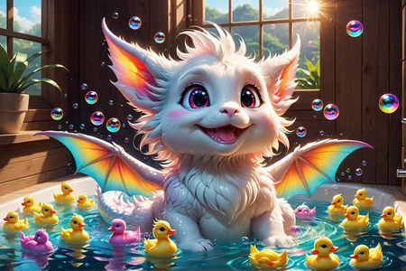 <lora:SDXLFaeTastic2400:0.7>, masterpiece, best quality, 8k, surreal, cute animal, little dragon in a bathtub playing with plastic ducks, cute face, head underwater, blushing, sunshine, multicolored fur, white fur, bubbles, soap, playing with foam, window