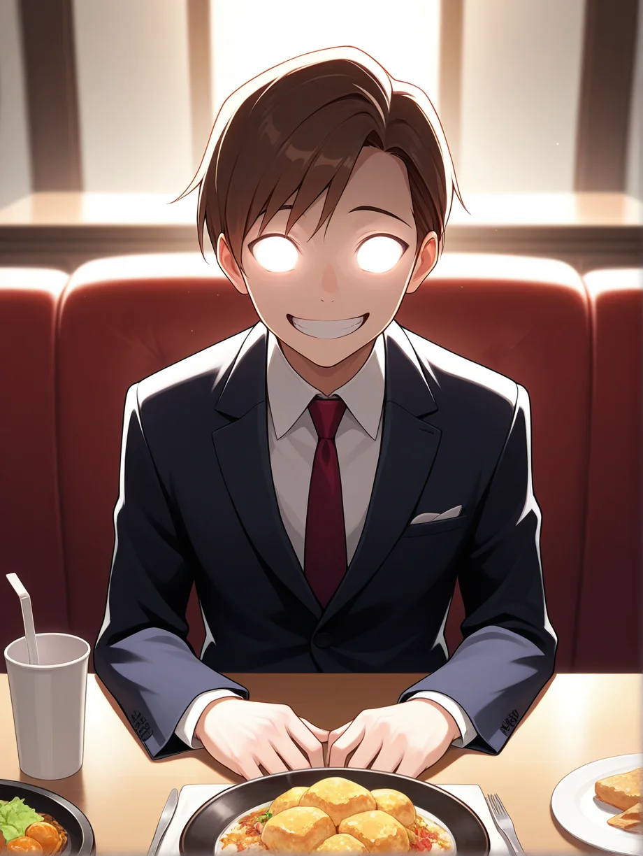 best best quality, amazing_quality, masterpiece,
1boy, sitting, table, food, suit, brown hair, smiling
avatarstate, white glowing eyes, white eyes, white sclera <lora:white glowing eyes v0.1 IL:0.7>