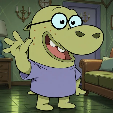 masterpiece, best quality, amazing quality official style, richard, male, furry male, anthro, solo, green skin, black eyes, buck teeth, freckles, big nose, spikes on back, short, purple shirt, glasses, standing, smile, open mouth, waving hi, indoors, living room