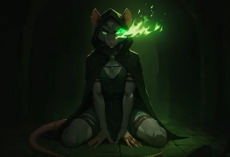 score_9, score_8_up, score_7_up, score_6_up, source_furry, 1girl, anthro rat, SkavenSWF, hooded black cape, white and grey fur, small_breasts, green eyes, assassin clothes, (green flaming eye:1.2), (dark theme:1.2), (low light:1.2), dungeon, sits in the center of the room, kneeling, looking_at_viewer, front view, <lora:OtherStyle_07:0.5>, <lora:SkavenSWF:0.4>, <lora:Anime Summer Night Style SDXL_LoRA_Pony Diffusion V6 XL:0.5>, serious, <lora:Flaming:0.7>