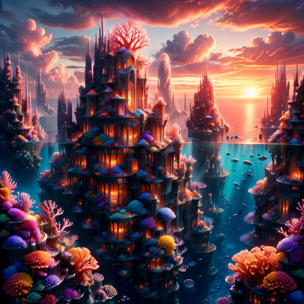 Masterpiece,8k,absurd resolution,I
ImaginaryCityScapes,underwater city,outdoors,sky,cloud,water,xray effect on water,building,scenery,sunset,city,fantasy,cityscape,coral
,<lora:City_scapes_XL:0.6>
