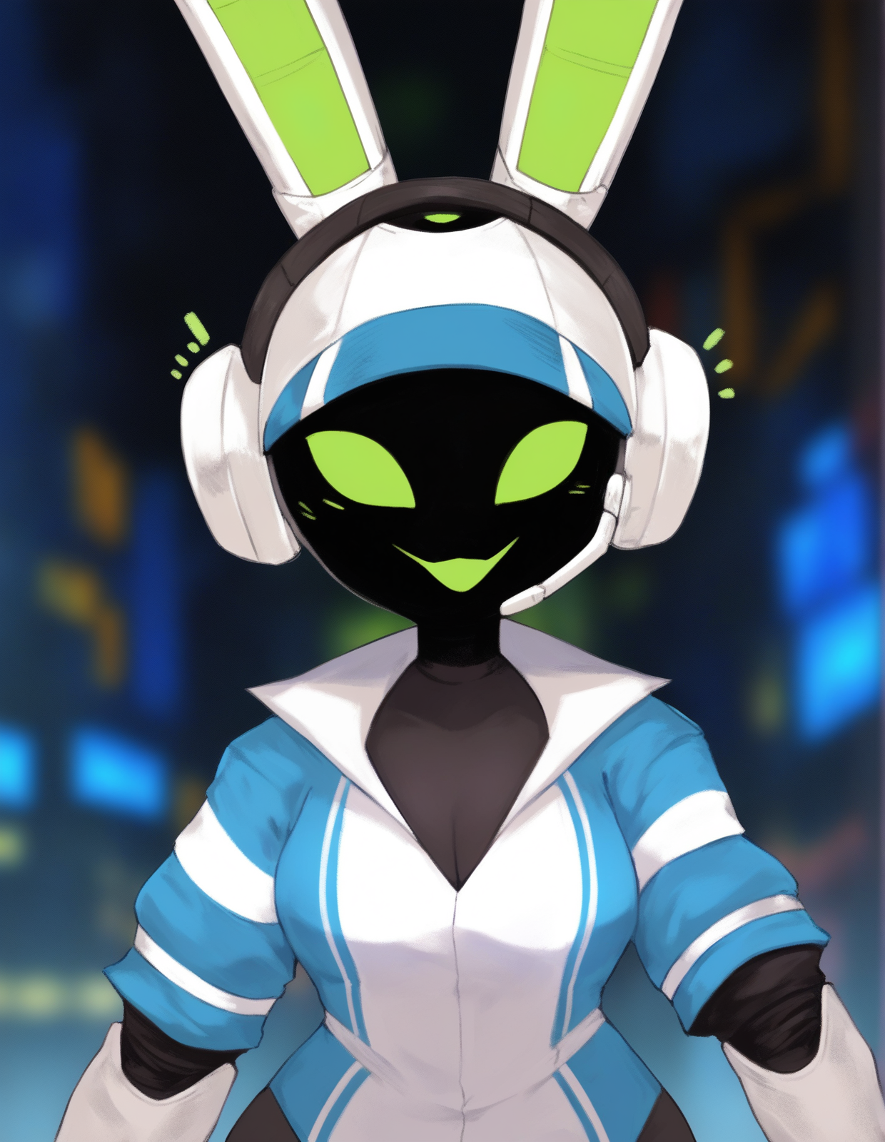 <lora:tempo-turbo-blast_vpred-noobaiv10_:1> (masterpiece, best quality, highres, absurd res, newest), scenery, (by oouna, kawausoman:1.1), (masterpiece, best quality, highres, absurd res, newest), project turboblast, tempo \(project turboblast\), animal humanoid, humanoid, lagomorph, leporid, mammal, rabbit, robot, robot humanoid, anthro, armor, clothed, clothing, earpiece, female, green eyes, green mouth, headgear, headphones, headset, helmet, long ears, machine, motion lines, screen face, solo, white ears, wide hips, (detailed background:1.1), pet shop, blurry background, blurry, depth of field, (short, shortstack, short stack:0.6), glowing, glowing eyes, glowing mouth, (upper body:1.2), looking at viewer, solid eyes, simple eyes, toony, front view, cute, open smile, (face focus, bust portrait:1.1), breasts, cleavageâââ