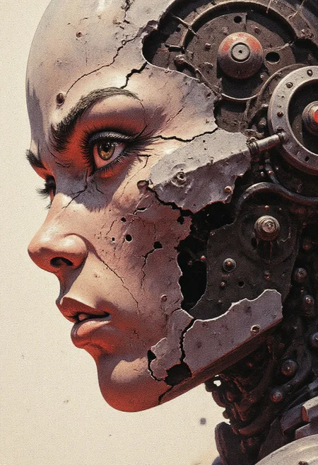 oriental cyberpunk cyborg woman, detailed face, dutch angle, dynamic, side view