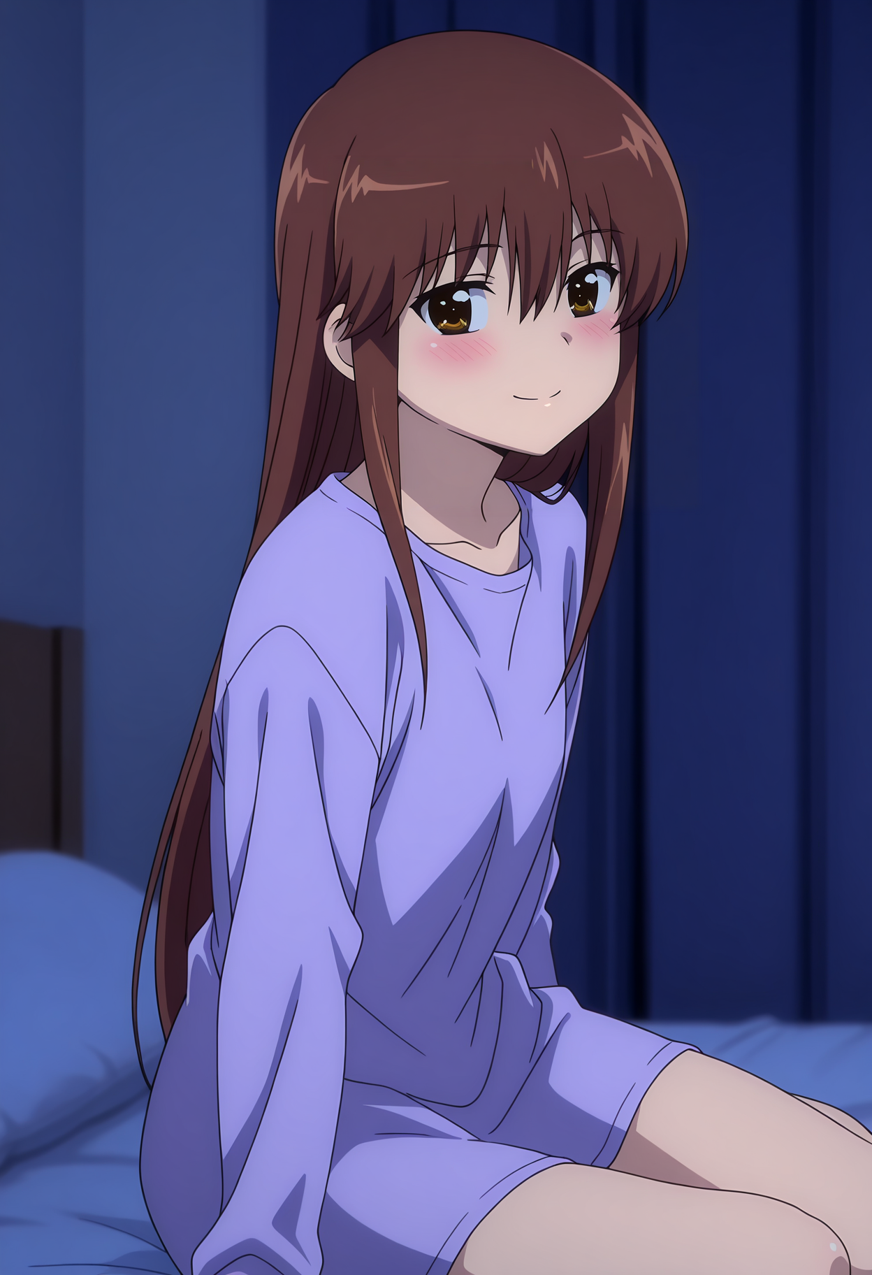 anime screencap, masterpiece, best quality,
<lora:KissXSis_SuminoeRiko_IlluXL:0.9>,
1girl, solo, closed mouth, smile, blush,
straight hair, hair between eyes, long hair, brown hair, brown eyes,
purple shirt, naked shirt, long shirt,
yokozuwari, on bed, looking at viewer, cowboy shot,
dark, pillow, bed sheet, bedroom, photo background, blurry background