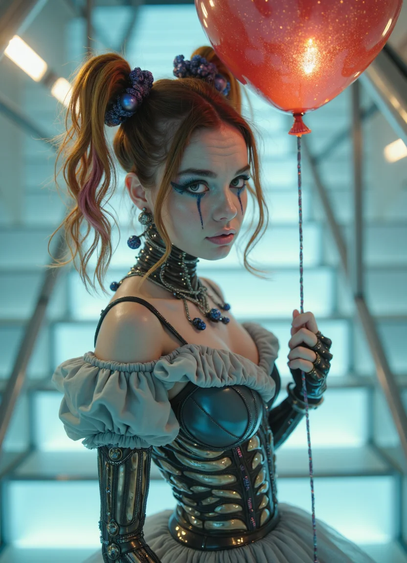 cybernetic style (full body shot:1.75) of A caucasian adult woman, dressed as Pennywise from Clown but with a strikingly cybernetic implants, stands on an off-white futuristic staircase with metal highlights and blue lights, holding a string connected to a red floating balloon that glows with red light that casts it's light everywhere. Her long multi-colored hair styled in pigtails is adorned with subtle glittery metallic highlights, She wears a charcoal grey b10t4c34an, iridescent exoskeleton translucent lace tutu and charcoal puffy_shirt, stripped leggings, blending the eerie charm of Pennywise with the futuristic sophistication of a digital being. (Her large, black sclera eyes:1.65) contemplatively at the viewer, exuding a serene yet enigmatic presence. The background is minimalist, focusing attention on her otherworldly features, while subtle textures and shading enhance the photorealism and detail of this unique fusion. . futuristic, technological, cybernetic enhancements, robotics, artificial intelligence themes