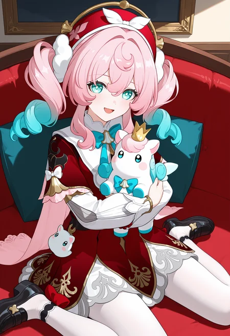 <lora:hal illustrious-1.0-000050:1>,
little ica \(honkai: star rail\),
hyacine \(honkai: star rail\),pink hair,smile,red dress,twintails,open mouth,looking at viewer,long sleeves,red hat,blue bow,bowtie,long hair,blue bowtie,hair between eyes,blush,:d,solo,ribbon,aqua eyes,hand up,multicolored hair,blue eyes,blue hair,holding,hug,cowboy_shot,white pantyhose,black footwear,wariza,full body,