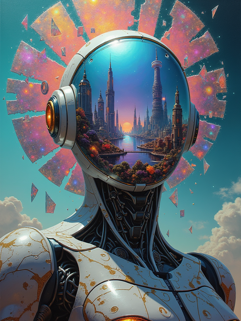 The painting is rendered in a mind-bending hyperrealistic sci-fi style. The brushstrokes are so fine that they seem to disappear, creating a seamless and almost photographic quality. The colors are a vivid explosion of iridescent hues and metallic tones, with a hint of neon glow. The texture is a complex combination of smooth surfaces and intricate patterns that seem to shift and change depending on the light.
Scene Description: In the center of the painting looms a colossal robotic being, its upper body in a powerful half-portrait view. The robot's body is a fusion of advanced alloys and energy fields, with a sleek and imposing design. Its face is a transparent, multi-faceted visor that reflects a kaleidoscope of complex and fantastical future landscapes. Some of these landscapes are pulsating cityscapes filled with towering crystalline structures and floating platforms. Others are alien worlds with strange bioluminescent flora and fauna. The robot's body is adorned with intricate runes and symbols that seem to glow with an inner power. Surrounding the robot are fragments of shattered glass-like panels that refract and distort the light, creating a mesmerizing play of colors and shapes. Each panel shows a different fragment of a surreal and otherworldly scene, from a cosmic storm to a time-traveling portal.
Composition: The robot is the dominant force in the frame, its massive presence creating a sense of awe and wonder. The fragmented panels are arranged in a dynamic pattern around the robot, leading the eye in a circular motion and adding to the sense of mystery. The composition is asymmetrical and full of tension, with no clear center but a constant flow of energy.
Color Palette: The colors are a vivid mix of electric blues, purples, and greens, with accents of gold and silver. The robot's body is a combination of metallic tones and iridescent hues, while the panels reflect a rainbow of colors. The overall effect is a visual feast that challenges the imagination.
Light and Shadow: A soft, otherworldly light emanates from the robot and the panels, casting a gentle glow and creating long, dramatic shadows. The light seems to bend and refract around the surfaces, adding to the surreal atmosphere. The shadows are deep and mysterious, hinting at hidden depths and unknown powers.
Detail: Every inch of the painting is a masterpiece of detail. The robot's body is covered in minute patterns and textures, from the microscopic circuitry on its surface to the complex mechanisms within. The visor reflects a world of infinite detail, with every building, creature, and phenomenon clearly defined. The fragmented panels are filled with intricate scenes that seem to tell a story of their own, inviting the viewer to explore and discover.