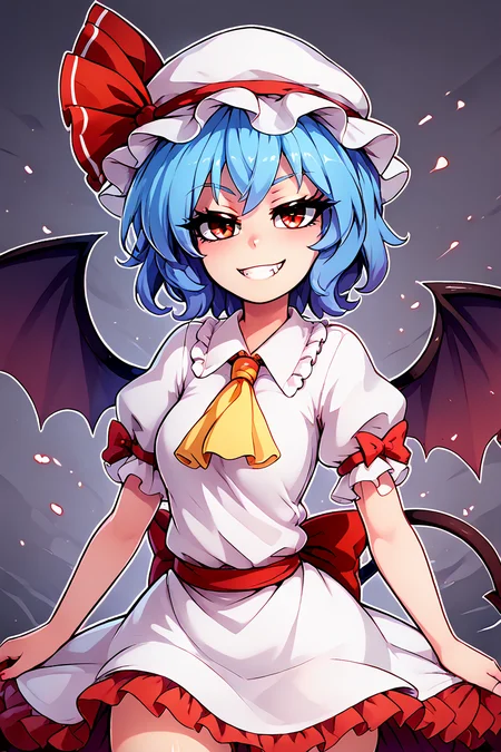 score_9, score_8_up, score_8, medium breasts, (curvy), cute, eyelashes, BREAK, , zzRemilia, red eyes, blue hair, short hair, hat, ribbon, wings, ascot, hat ribbon, bat wings, short sleeves, frills, puffy sleeves, smile, smug, <lora:Remilia_Touhou_PDXL:0.8>, BREAK, smile, looking at viewer, ,,, abstract background, white outline, cowboy shot, ,,, embedding:zPDXL, Expressiveh, ,,, <lora:theOtherHalfPDXL:0.8>, <lora:CatalystStylePDXL:0.6>, <lora:SDXLFaeTastic2400:0.5>, <lora:Expressive_H-000001:0.4>,