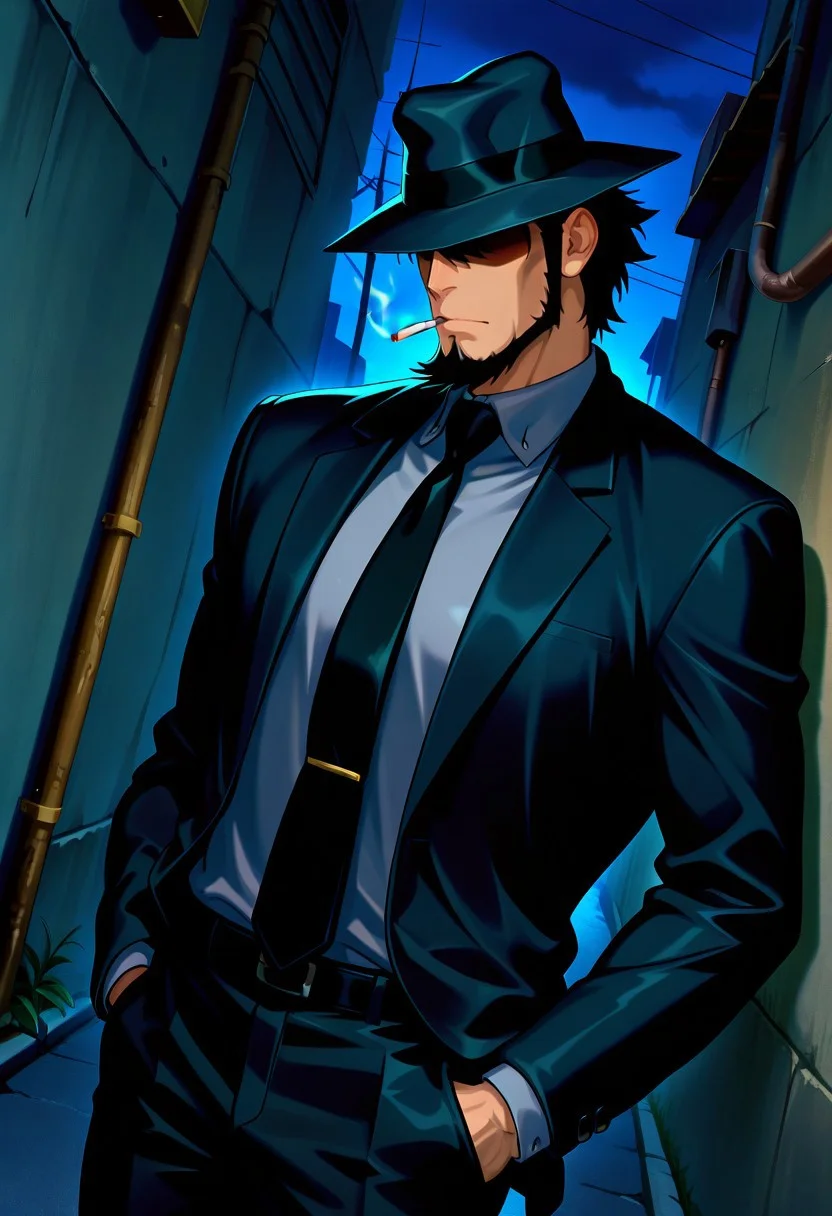 safe_pos, score_9, score_8_up, score_7_up, score_6_up, perfect anatomy, perfect proportions, best quality, masterpiece, high_resolution, high quality, best aesthetic, absurdres, highres, extremely detailed, huge filesize, solo male, adult, mature, masculine, manly, handsome, charming, alluring, standing, upper body, dutch angle, cowboy shot, perfect face, perfect eyes, source_anime, anime coloring, Daisuke Jigeni, LP3Jigen, black hair, sideburns, facial hair, chinstrap beard, jawline beard, ((eyeless, hidden eyes, eyes in shadow, eyes hidden by shadows)), fedora, LLP3Jigen_outfit08, black suit, grey collared shirt, black necktie, black blazer, black pants, outdoors, dark atmosphere, night, alley, high walls, smoking, cigarette
