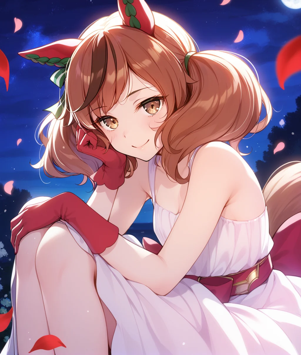 score_9, score_8_up, score_7_up BREAK
night,
don't_close_your_eyes_now, 1girl, solo, looking at viewer, smile, brown hair, gloves, dress, animal ears, twintails, brown eyes, sitting, tail, medium hair, white dress, streaked hair, petals, horse ears, horse girl, horse tail, red gloves, cupped her face
<lora:Nice Nature-ponyXL:0.8>,