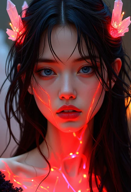 close-up, Safe for work depiction of a powerful enchantress with that seems to come alive, intertwined with glowing red veins that pulse with energy. The background has Flickering Candlelight, glimmering crystal formations in the background,