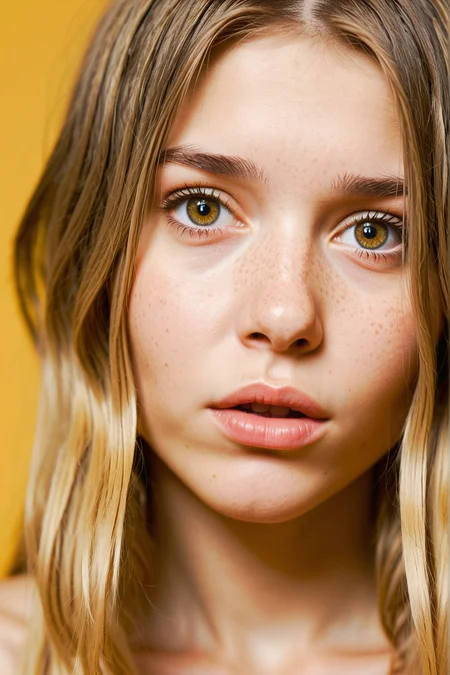 realistic, 1girl, solo, male focus, lips, portrait, close-up, looking at viewer, closed mouth, brown eyes, blonde hair, simple background, round face, yellow background, <lora:dmd2_sdxl_4step_lora_fp16:1.0>, <lora:subtle-rayness2-xl25:0.9>