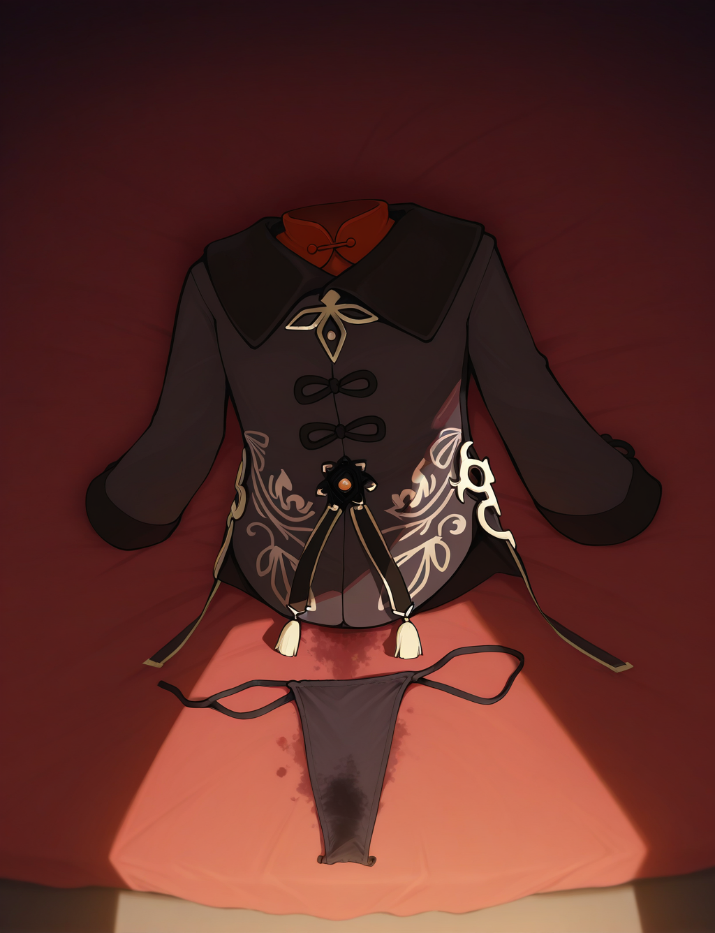 masterpiece,best quality,higres illustration,<lora:clothes_removed_IL:1>,clothes removed,no humans,bed,thong,hu tao \(genshin impact\),stain,