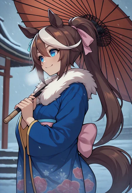 anime, masterpiece, best quality, solo, 1girl, tktodef, smile, looking away, holding umbrella, oil-paper umbrella, horse tail, long hair, streaked hair, brown hair, white hair, hair between eyes, high ponytail, hair ribbon, pink ribbon, animal ears, blue eyes, japanese clothes, fur trim, blue kimono, floral print kimono, wide sleeves, outdoors, snowing, east asian architecture
<segment:yolo-Anzhc Face seg 640 v2 y8n.pt,0.4,0.5//cid=1>