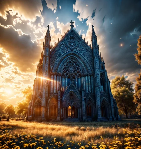 RAW photo, (masterpiece:1.3), subsurface scattering, heavy shadow, (high quality:1.4), (intricate, high detail:1.2), professional photography, HDR, High Dynamic Range, realistic, ultra realistic, photorealistic, high resolution, film photography, ambient lighting, atmospheric effects, <lora:detail_slider_v4:2>, OverallDetail, a small! temple church in a field, sunshine, some clouds, <lora:TemplesAndChurches-10:1>, epiCPhoto