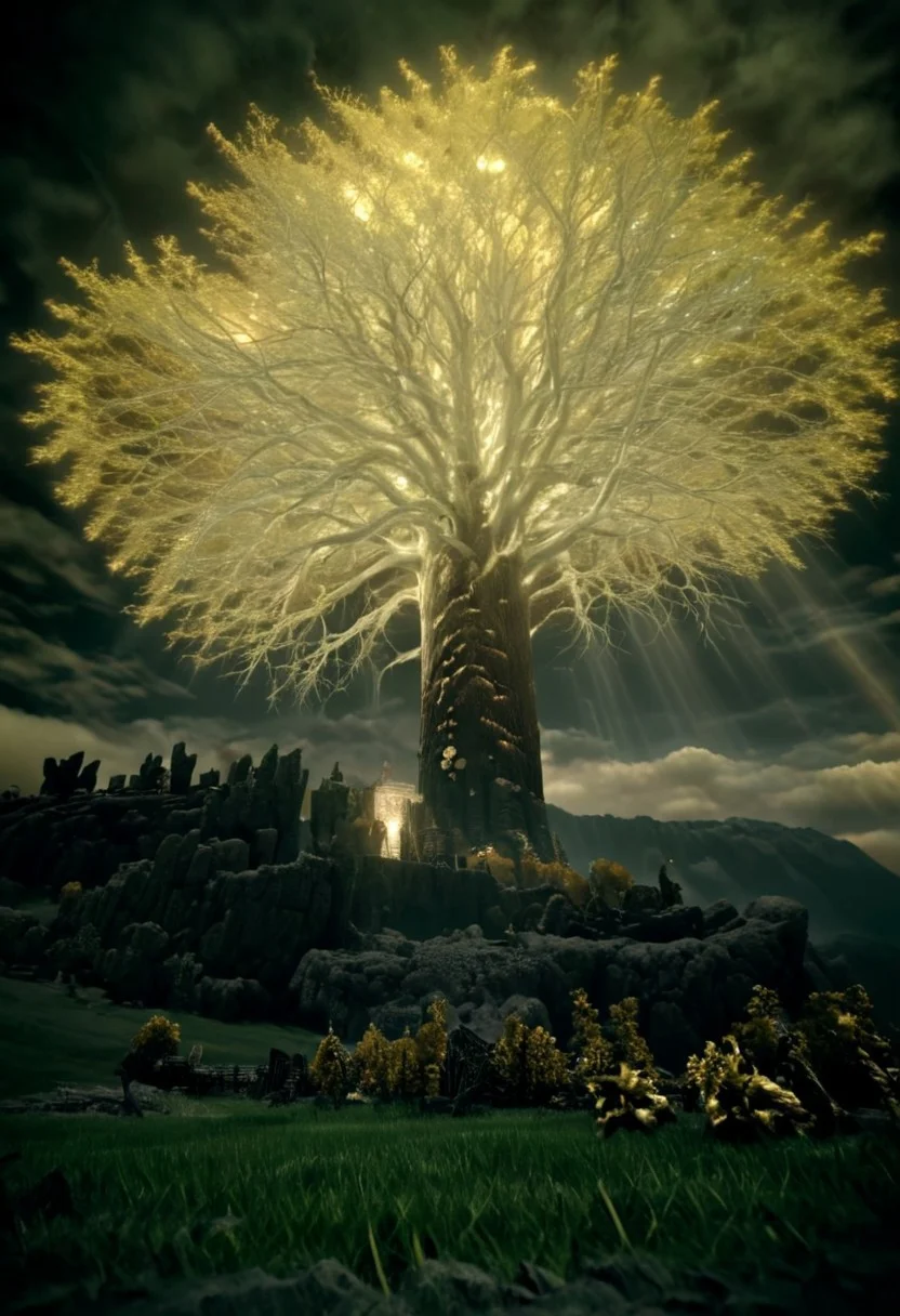score_9, score_8_up, score_7_up, score_6_up, score_5_up, score_4_up,
1enormous tree up on a mountain, the tree reaches the sky, the leaves of the tree are golden and light up the clouds with a golden hue,
at night, grass, dark, low-key,  w3ers, scenery, gloomy,
