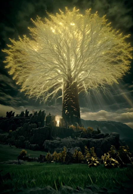 score_9, score_8_up, score_7_up, score_6_up, score_5_up, score_4_up,
1enormous tree up on a mountain, the tree reaches the sky, the leaves of the tree are golden and light up the clouds with a golden hue,
at night, grass, dark, low-key,  w3ers, scenery, gloomy,