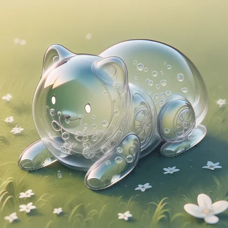 score_9, score_8_up, <lora:BubblyTech_PonyXL_B-000013:1>,bubblytech ,scifi, transparency, caustics , iridescent,
animal, cute puppy, on grass,