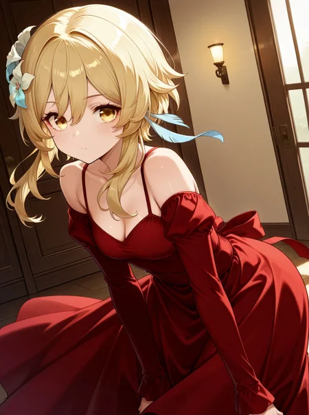 <lora:lumine:0.8>, lumine_(genshin_impact), blonde hair, sidelocks, short hair with long locks, hair white flower, hair between eyes, yellow eyes,
<lora:VelvetRuchedBodyconDressILL:0.7>, velvet dress, red dress,, BREAK
general, dutch angle, from front,, dynamic pose, <lora:brightness_slider:-0.5>,
BREAK
masterpiece, best quality, amazing quality, very aesthetic, absurdres, newest,
<lora:Eyes_High_Definition:0.6>, eyesHD, high gradient eyes, detailed eyes, high definition eyes,
<lora:LECO_Particles:1>,<lora:LECO_StickClotch:1.5>