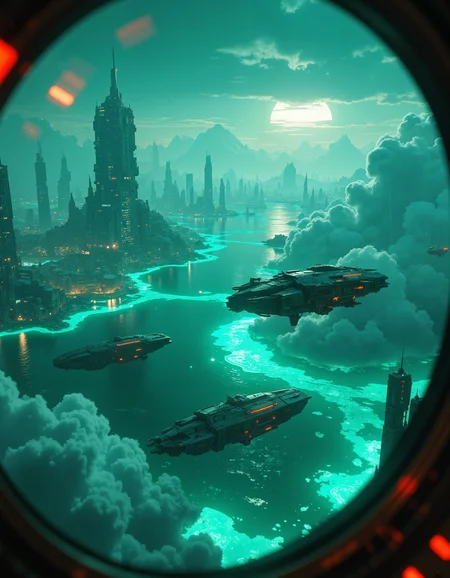Scenery, landscape, cyberpunk flying ships over a green sea, white bioluminescence glow from the deep of the sea, the coast with big cyberpunk citys is in the background, the ships are flying between the clouds, the image is taken from one of those ships, looks the frame of a window,
hiperfocus, white clouds, extreame details, intrincate textures, at night,
<lora:detailed_v2_flux_ntc:1> <lora:Anime art:1>