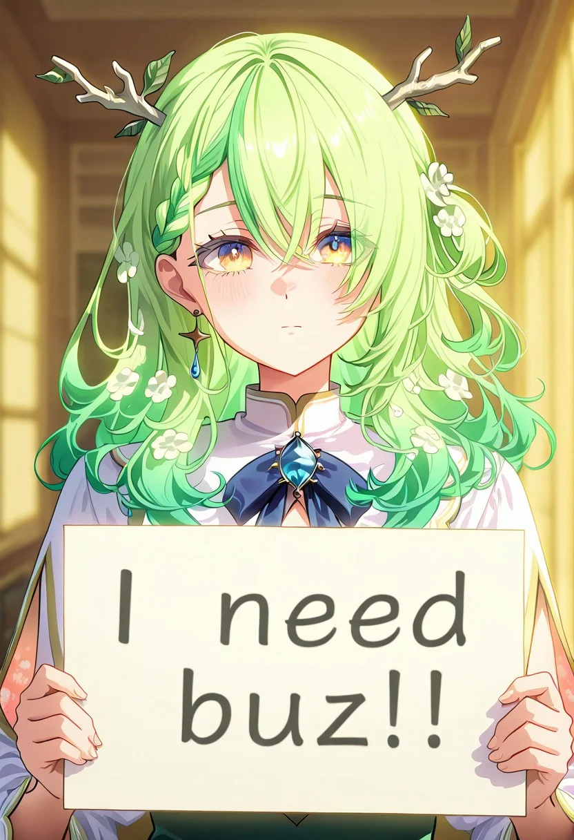 score_9, score_8_up, score_7_up, score_6_up,Enchanting Eyes, LDSCH Style, aesthetic, absurdres, beautiful, highres, detailed eyes,
Solo, 1girl,hololive Ceres Fauna,((long hair)), yellow eyes,  green hair, need_buzz, holding sign,