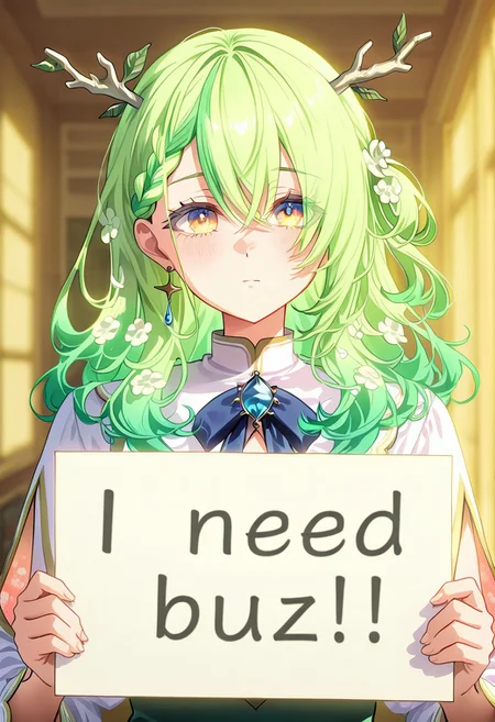 score_9, score_8_up, score_7_up, score_6_up,Enchanting Eyes, LDSCH Style, aesthetic, absurdres, beautiful, highres, detailed eyes,
Solo, 1girl,hololive Ceres Fauna,((long hair)), yellow eyes,  green hair, need_buzz, holding sign,