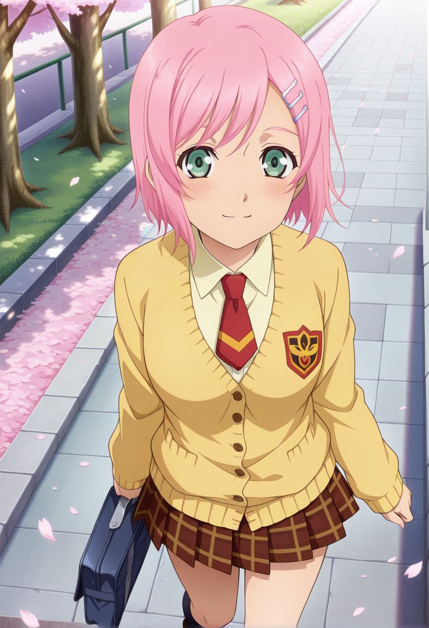 detailed eyes, beautiful, detailed background, perfect eyes,
source_anime, very aesthetic, anime coloring, masterpiece, official art,
<lora:HandFineTuning_XL:1>
BREAK,
park, sakura tree, sakura petals,
walking, holding school bag, from above,
looking at viewer, light smile, blush,
BREAK,
<lora:estelleX_illustriousXL_v03:0.9>
estelleRnd, estelleuniform, green eyes, pink hair, short hair, bangs, 
pleated skirt, plaid skirt, yellow sweater, red tie, black socks, loafers,