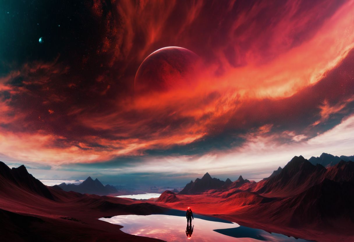 SyFyEye1, horizon, signature, red sky, ambiguous gender, fantasy, dress, lake, surreal, spacesuit, boots, <lora:SyFyEye1_XL_v1.0:1>