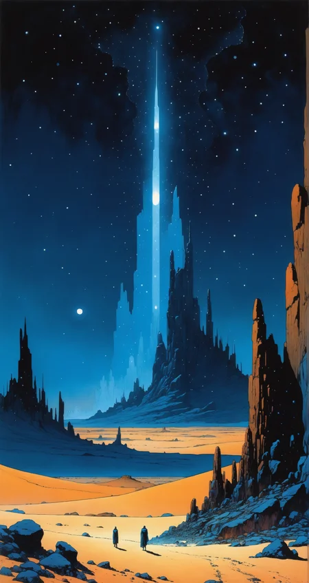 A mystical desert with glowing crystals and a dark night sky, no trace of life, crystal and midnight blue, the luminous desert, in the style of Jean Giraud, in the style of Moebius.