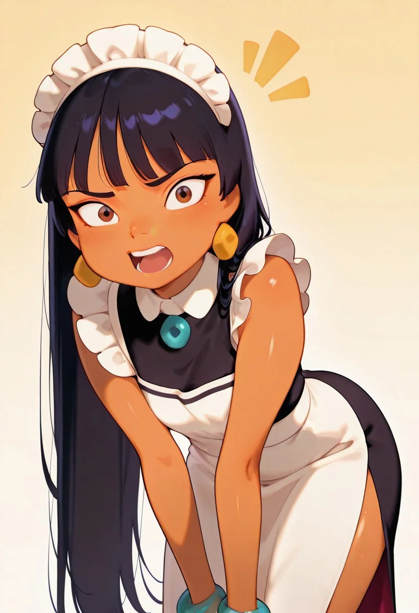 (score_9,score_8_up,score_7_up), <lora:Chel-ILV1:1>,
shading, dramatic body light, excited, cute, open mouth,
cute anime girl, big cute eyes, masterpiece,cartoon style, best quality, amazing quality, gradient background, ( looking at viewer),
(((1 girl))), skinny body, flat chested, ChelXL, long hair, black hair, bangs, brown eyes, dark skin, earrings, bracelet, maid dress, maid, detailed maid dress, angry,, ((bent over))