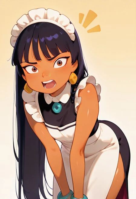 (score_9,score_8_up,score_7_up), <lora:Chel-ILV1:1>,
shading, dramatic body light, excited, cute, open mouth,
cute anime girl, big cute eyes, masterpiece,cartoon style, best quality, amazing quality, gradient background, ( looking at viewer),
(((1 girl))), skinny body, flat chested, ChelXL, long hair, black hair, bangs, brown eyes, dark skin, earrings, bracelet, maid dress, maid, detailed maid dress, angry,, ((bent over))