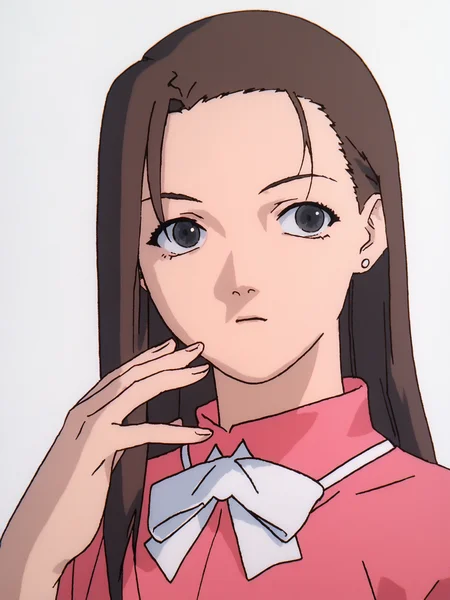 score_7_up, score_8_up, score_9, masterpiece, perfect hands, high quality, 1girl, solo, <lora:Iwakura_Mika_PDXLv0-e40:0.8> iwakura_mika_\(home4\), pink shirt, white bow, upper body, body, white background,