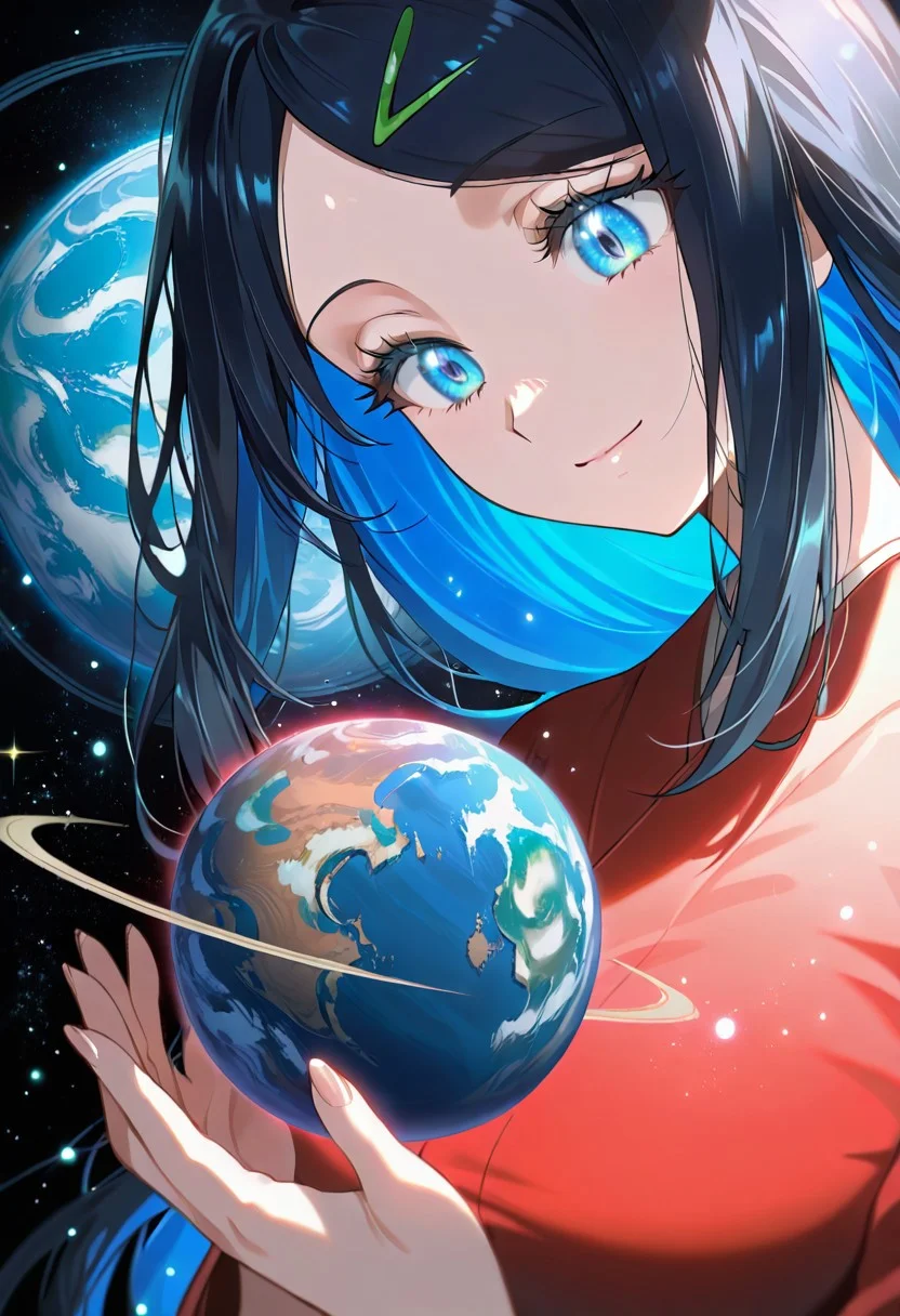 score_9, score_8_up, score_7_up,source_anime, 1girl, adult, women, aaliko, long hair, black hair, colored inner hair, hairclip, blue eyes, kimono dress, eyelashes, big breasts, (facial expression, calm, light smile, looking down, head tilt, soft eyes), sparkling eyes, glitter eyes, dreamlike atmosphere, glowing edges, mystical, high contrast, ethereal light, light particles, gl0w, glow, detailed eyes, high definition eyes, blurry foreground, giantess, (planet size: 2.0), red space, masterpiece, best quality, absurdres, ultra detailed, side view,