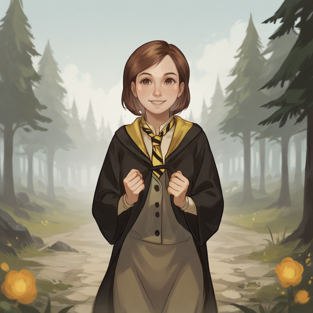 score_9_up, score_8_up, BREAK, PoppySweeting, 1girl, solo, brown hair, short hair, brown eyes, smile, necktie, hogwarts school uniform, outdoors, forest,  <lora:PoppySweeting_PXL_Leaf3-000014:0.8>