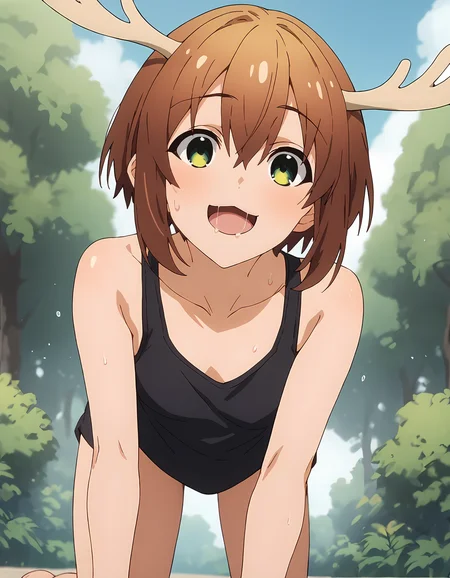 score_9, score_8_up, score_7_up, score_6_up, score_5_up, score_4_up, source_anime, <lora:Nokotan_T1V1:0.85>,
1girl, solo, anime screencap,
Nokotan_T1V1, brown hair, short hair, hair between eyes, green eyes, deer antlers, 
black tank top, collarbone, bare shoulders, 
all fours, 
looking at viewer, :3, smile, open mouth, sweat, saliva, 
outdoors,
