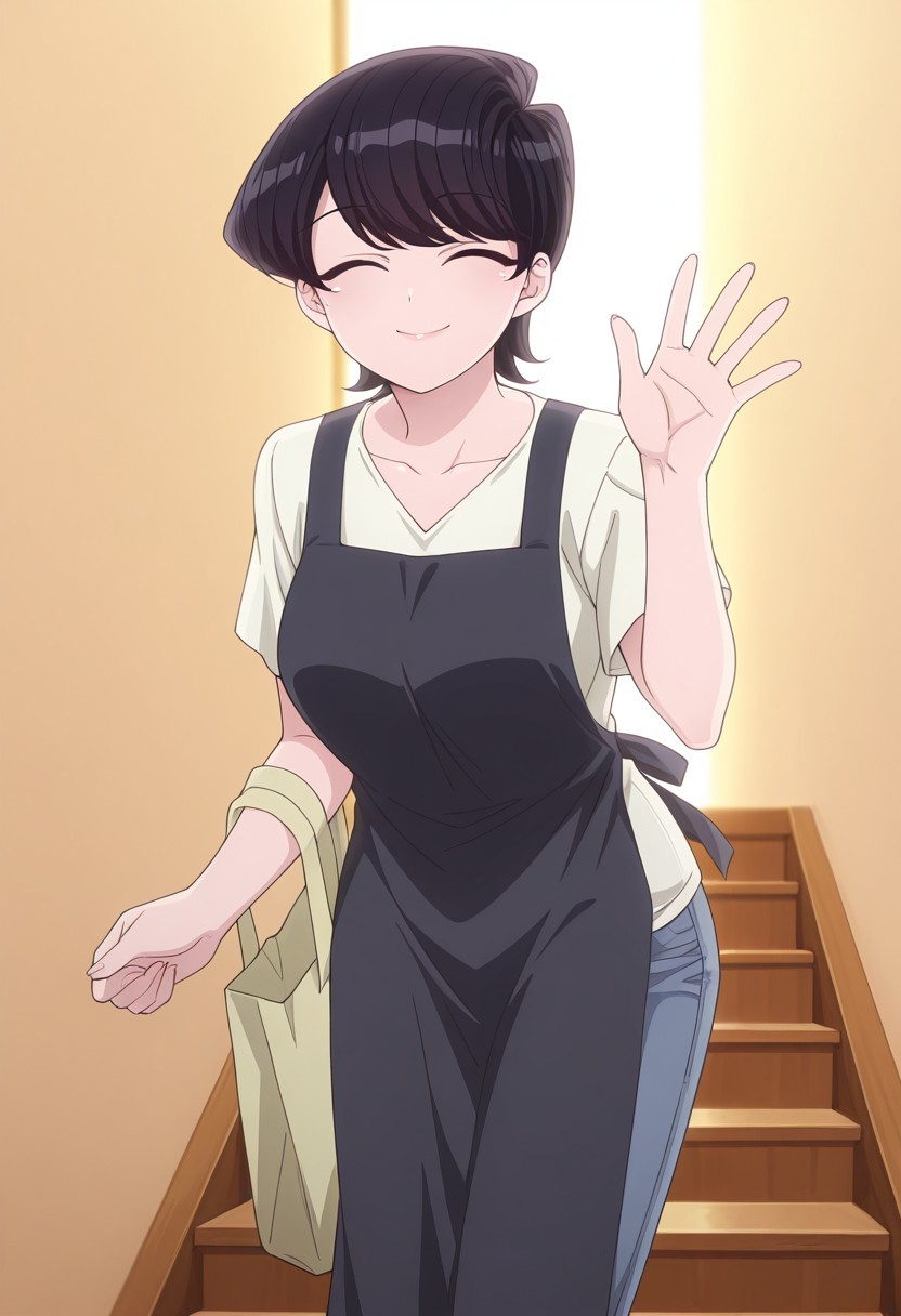 Rating 9, Rating 8, Rating 7, Rating 6, Rating 5, Rating 4, Masterpiece, Superior Quality, Amazing Quality, Masterpiece, Highest Quality, Ultra-detailed, Dynamic Angle, Dynamic Composition, Alone, white frame, maximum contrast, saturated color, bright colors, dynamic lighting,
1 girl, medium shot,vibrant colors, high contrast,
komishuukocnn, 1girl,black hair, short hair, bangs, purple eyes,mature female,
shirt, jeans, short sleeves,wearing an apron, carrying clothes, walking down the stairs, cheerful smile, eyes closed, waving at the viewer, open palm,