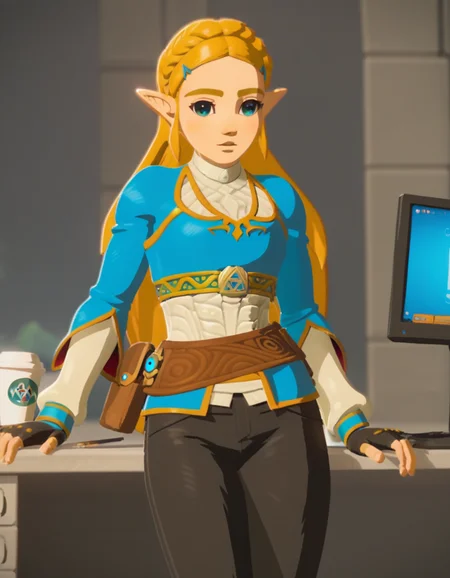 score_9, score_8_up, score_7_up, source_anime, <lora:princess-zelda-breath-of-the-wild-ingame-ponyxl-lora-nochekaiser:1>, princess zelda, long hair, blue eyes, blonde hair, hair ornament, braid, pointy ears, hairclip, 3d, gloves, long sleeves, black gloves, fingerless gloves, blue shirt, pouch, belt, pants, black pants,, home office, working from home, computer screen, coffee cup, focus, deadline, , looking at viewer, hand on waist, elbow down, foot on tiptoe, solo,, cowboy shot, dutch angle