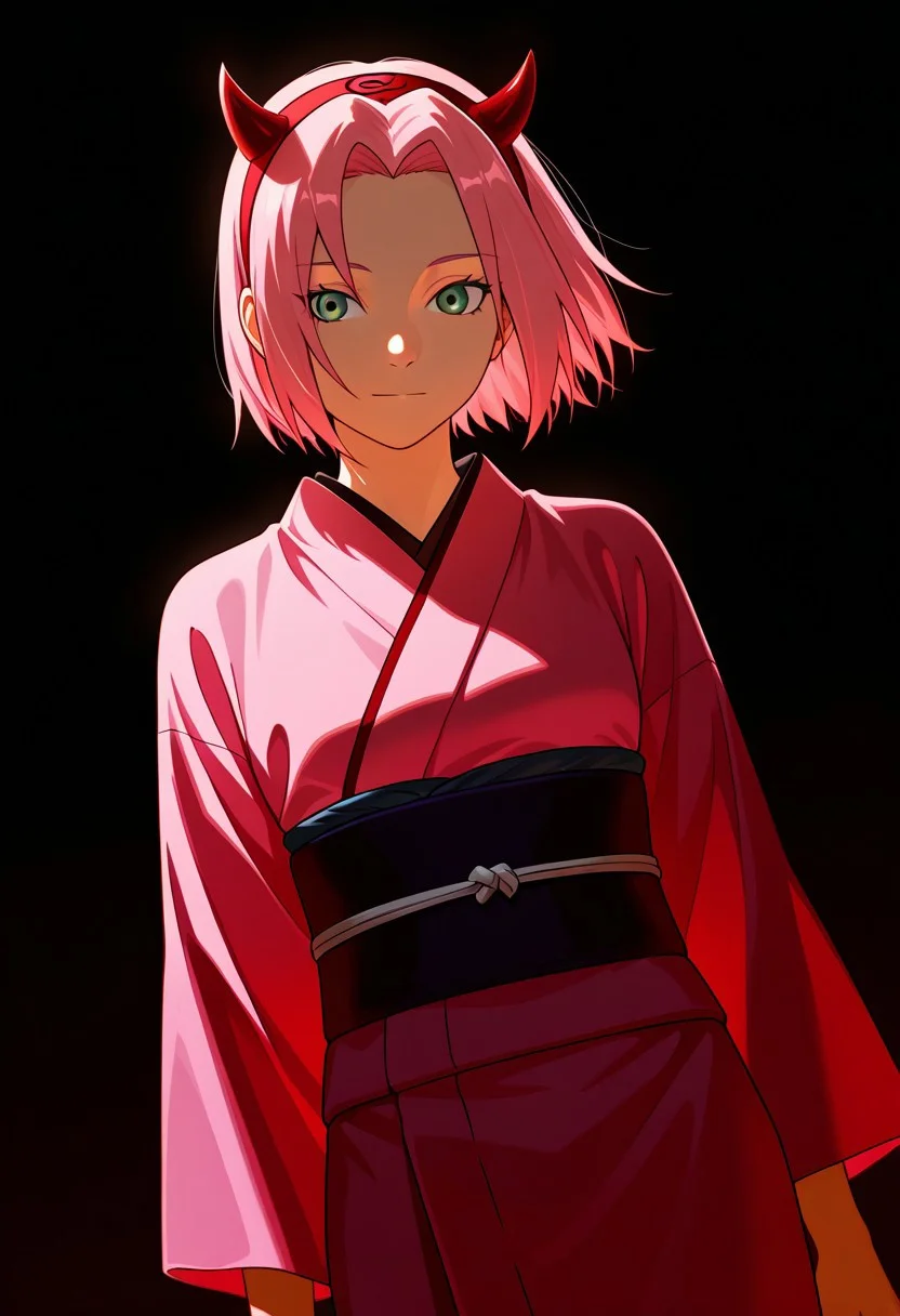 Score_9_up, score_8_up, score_7_up, source_anime, Expressiveh, perfect eyes, 1girl, solo, 1girl, haruno sakura, pink hair, short hair, green eyes, slim body,Small breasts,average height,
halloween background,((pink kimono)),pumpkins,((Red plastic headband with small devil horns)),
youthful and elegant style, dynamic pose with a slight dutch angle, soft lighting, cinematic composition, modern fashion photography, high detail, realistic textures, vibrant colors, subtle provocative undertone, balanced and tasteful aesthetic,
simple background:1.1,
masterpiece, best quality, good quality, newest, highres, absurdres, volumetric lighting,gradient color,
raytracing, volumetric lighting, ambient occlusion, masterpiece, best quality, very awa, absurdres,
BREAK masterpiece, best quality, amazing quality, (perfect anatomy:1.2), (beautiful artwork), (beautiful color), strong lighting, <lora:blm_ILL_V1:0.3>, <lora:HandFineTuning_XL:0.7>
