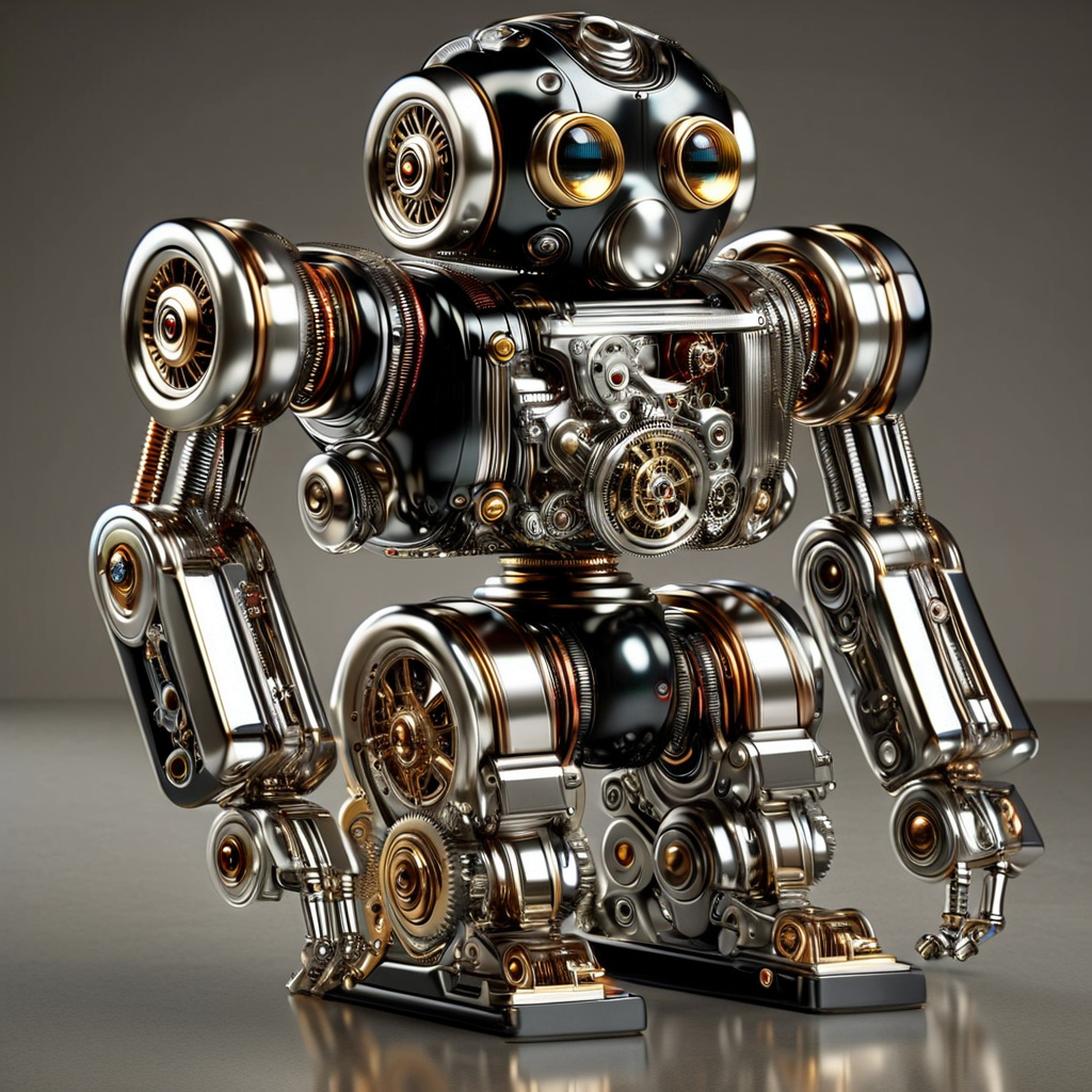 RetroBG, stylized robot, polished metal components, intricate gears, mechanical parts, spherical head, lens-like structures, eyes, sensors, cylindrical limbs, spherical sections, joints, robust, flexible, complex mechanical design, robotics, 3D modeling, mechanical engineering, high quality, vibrant colors, dynamic composition<lora:RetroLuxe World Morph:1>