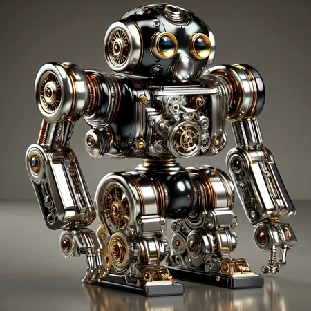 RetroBG, stylized robot, polished metal components, intricate gears, mechanical parts, spherical head, lens-like structures, eyes, sensors, cylindrical limbs, spherical sections, joints, robust, flexible, complex mechanical design, robotics, 3D modeling, mechanical engineering, high quality, vibrant colors, dynamic composition<lora:RetroLuxe World Morph:1>