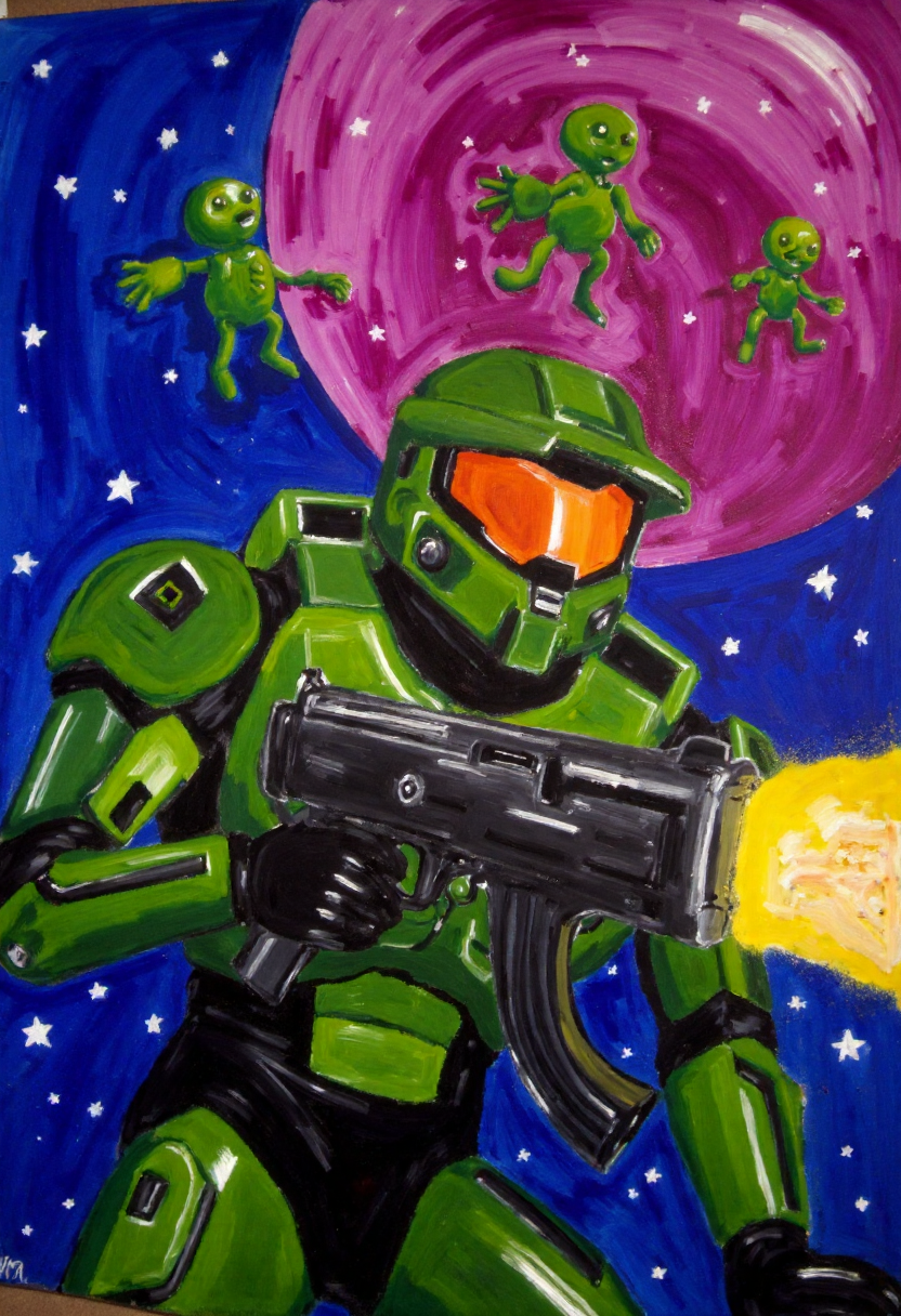 <lora:Thrift_Store_Paintings_FLUX:1>
The image is a vibrant, expressive painting on canvas depicting a scene of Master Chief shooting at aliens in space