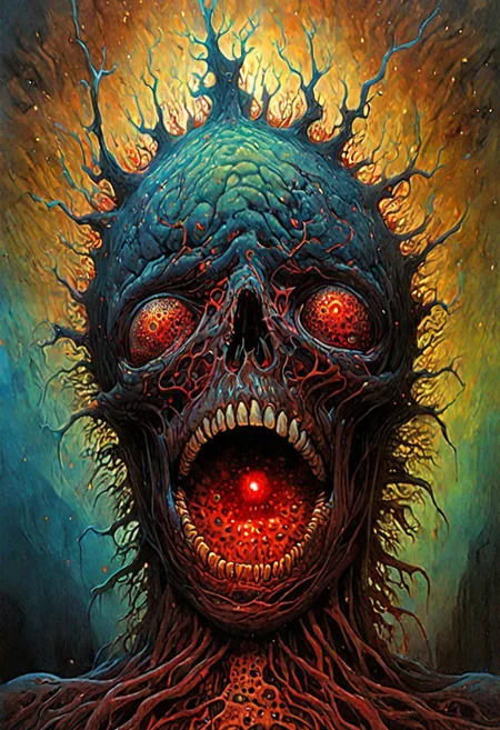 Establishing Shot painting of a ((Virus)) monster flowing (inside bloodstream) in style of [Dean Ellis: Steven DaLuz: 0.3],digital artwork by Beksinski, trypophobia:1.5, glitch, psychedelic:1.9, Psilocybin, trypophobia:1.3, hyper-detailed:1.1, ((best quality)), linquivera, masterpiece, detailed cells, (deep neurons):1.5, blacklight, scar, binary code and digital art, binary code, digital art, ral-dissolve:1.3, liiv, ((background blends with the subject nicely) in the style of EdobHorrorLandscape: digital artwork by Beksinski: 0.6)