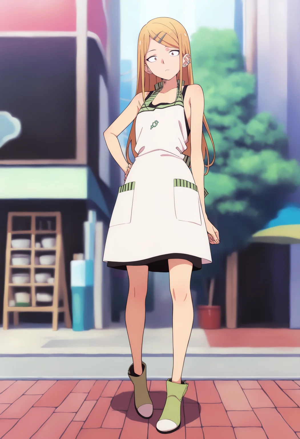 masterpiece, best quality, very aesthetic, absurdres,
1girl, sayaendo, brown eyes, blonde hair, long hair, hairclip, ear piercing, apron,
looking at viewer, solo, hand on hips, full body, outdoors, tokyo street background, <lora:SayaEndoNoobXL_byKonan:1>