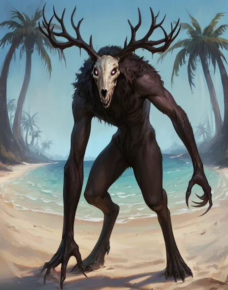 (score_9,score_8_up,score_7_up,score_6_up,score_5_up,score_4_up),high quality,detailled,(beach resort background, sand, outdoor, ocean, sunny, palm trees),<lora:easynegative:1>,<lora:Eyes_High_Definition:0.8>,eyeshd,<lora:StS_PonyXL_Detail_Slider_v1.4_iteration_3:0.8>,<lora:fugtrup-guy-PONYv2:0.7>, realistic, realism,
BREAK
pov, front view,posing, <lora:wendigo:0.8> (antlers, solo, monster, wendigo, dark fur, skull head, glowing eyes, digitigrade legs, no humans, claws, 1girl)