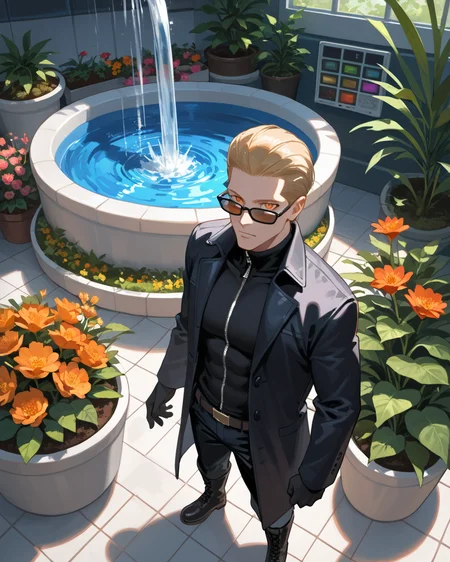 PonyScores7, source_anime, ah1, best quality, (masterpiece:1.4), (high quality:1.4), sharp focus, 4k, absurd resolution, <lora:albertwesker-guy-PONYv1:0.8> albertwesker, albert wesker, 1boy,  blonde, black gloves, (sunglasses:1.3), belt, black coat, black pants, looking at viewer, toned, athletic, fit, slicked back hair, black turtleneck, zipper, mature male, black boots, (space botanist, a dedicated researcher with a plant scanner and a greenhouse studying alien plants with curiosity and a love for nature), (A lush garden in full bloom, with neatly trimmed hedges, a variety of flowers in vibrant colors, and a bubbling fountain at its center), bad-hands-5, (moaning in pleasure), <lora:xl_more_art-full_v1:0.2>, <lora:shinyskin2:0.2> glistening skin, <lora:aesthetic_anime_v1s:0.2>, <lora:Expressive_H:0.2> Expressiveh, <lora:hairdetailpxl:0.2> hairdetailpxl, <lora:detailxl:0.2> detailxl, (High Angle (from behind) view Extreme Close shot (focus on legs)), (focused, intense glare), slit pupils, short hair, (reddish orange eyes), best quality, amazing quality, best aesthetic, absurdres, <lora:expressive eyes:0.2> expressive eyes, <lora:eyedetailpxl:0.2> eyedetailpxl, illustration, Volumetric_Lighting, ultra-detailed, very aesthetic, intricate details, 8k, masterpiece, best_quality, (angular face, sharp_featured face), <lora:Eyes_High_Definition:0.4> EyesHD,